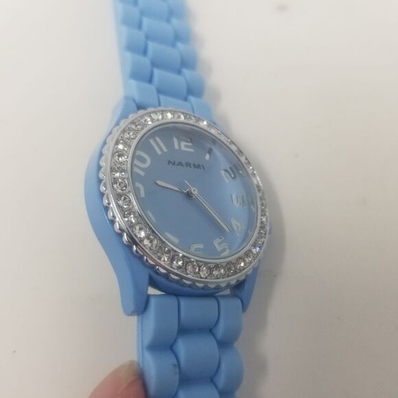 Narmi Blue Rubber Strap & Face Gemmed Bezel Easy To Read Numbers Women's Watch - Picture 5 of 12
